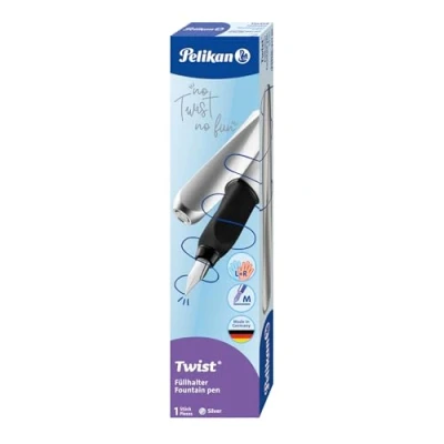 Image de Pelikan Stylo plume 947101 Twist dans une boîte pliante, universel pour droitiers et gauchers, ressort M, argenté