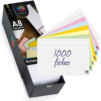 Image de OfficeTree Lot de 1000 fiches format A8 Cartes intercalaires lignées A8, à carreaux, blanches et colorées d&#039;apprentissage avec boîte pour vocabulaire, formules notes