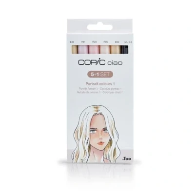Image de Copic Ciao Ensemble comprenant 5 Marqueurs double pointeTeintes chair / 1 Stylo noir 0.3