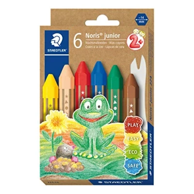 Image de Staedtler Noris Junior, crayons à la cire gros module, Spécialement conçus pour les enfants, Étui carton recyclé avec 6 Assortis et 1 grattoir, 224 C6, Coloris