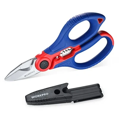 Image de WORKPRO Ciseaux d&#039;Electricien et Dénudeur de Câble 2 en 1 avec Etui, Multifonctions Acier Inoxydable, Longeur: 162 mm