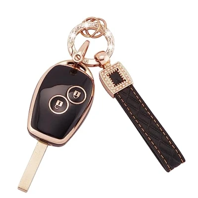 Image de Koaudb Étui de protection pour clé voiture 2 boutons en TPU avec lanière porte clés cuir Clio Kangoo Megane Laguna Modus Dacia Twingo Smart Key Case Shell (BP Rnl 2R)