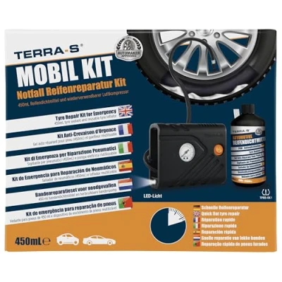 Image de TERRA S T56000 Kit de réparation pneu mobile d&#039;urgence avec mastic et pompe à Convient pour voiture autres véhicules 15 minutes