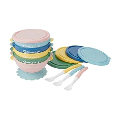 Image de Badabulle Lot de 5 bols ventouse antidérapants 330ml et 3 cuillères 1er âge souples avec Couvercles Hermétiques Compatibles Micro ondes &amp; Congélateur