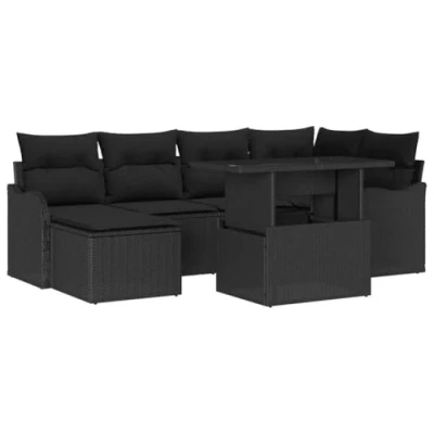 Image de Ensemble de canapés jardin en 7 pièces vidaXL avec coussins noir poly rattan 3357236