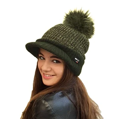 Image de RockJock Mesdames Molleton Chaud doublé en Maille Casquette Beanie Baseball avec Detachable Pom Fausse Fourrure Pompée Taille Unique Olive
