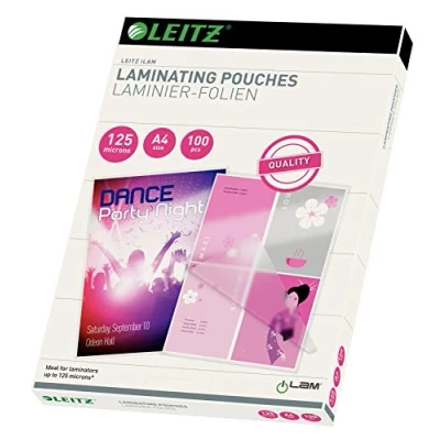 Image de Leitz 33808 Paquet de 100 Pochettes plastification à chaud 125 microns A4 Brillant