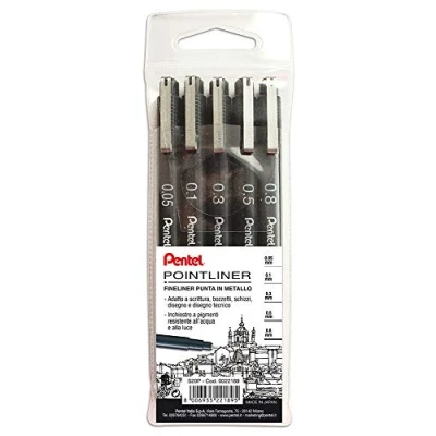 Image de Pentel S20P Pointliner, fineliner noir poche 5 pcs (pointe 0,05 0,1 0,3 0,5 0,8 mm)