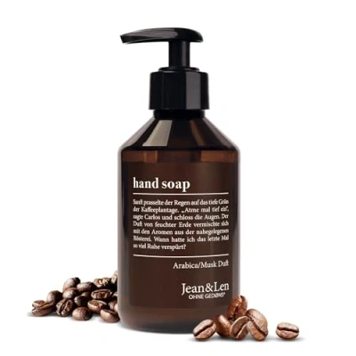 Image de Jean &amp; Len savon pour les mains Arabica Musk, nettoie abîmées, convient un usage quotidien, liquide en distributeur à pompe, parfum aromatique, végétalien, 250 ml
