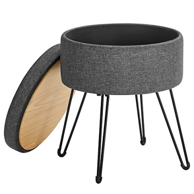 Image de SONGMICS Tabouret de Rangement, Siège Rond, Coiffeuse, Pouf, Repose Pieds, Volume 13,4L, Pieds en Métal, Rembourré, Gris Foncé LOM002G02