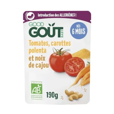 Image de Good Goût Tomates, Carottes, Polenta et noix de cajou Plat Cuisiné Pour Bébé Introduction des allergènes Dès 6 Mois Purée lisse Fabriqué En France Sachets Micro Ondables 190g