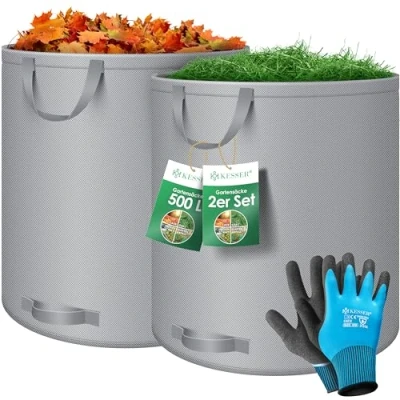 Image de KESSER® Sacs de jardin 2x 500L Set à feuilles Déchets +gants Autonome 4 poignées Stable Robuste Pliable Tontes gazon pour Gris