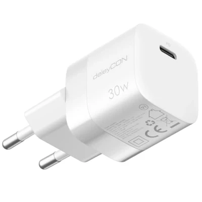 Image de deleyCON Chargeur USB C (Chargeur Rapide Compact 30W) Alimentation pour Apple iPhone 16, 15, Pro, Pro Max, iPad, Airpods 4, Watch, Samsung Galaxy S24/S23, Téléphone Portable Blanc