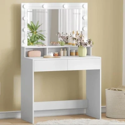 Image de EUGAD Coiffeuse avec Grand Miroir LED, Lumières Réglables, Table de Maquillage 2 Tiroirs, 3 Compartiments, 1 Étagère, Meuble Rangement Chambre, Moderne, en Bois, Blanc