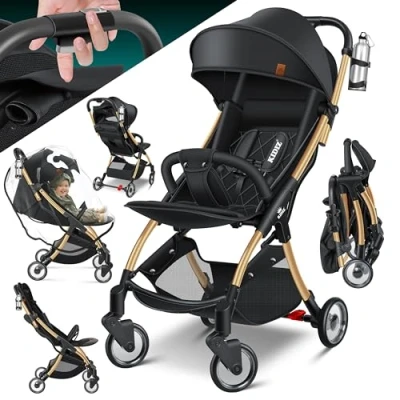 Image de KIDIZ® Poussette Premium Pliable 360Roues Harnais 5 Points Incl. Porte boisson &amp; Housse de pluie, Dossier réglable Capote pare soleil, Champagne
