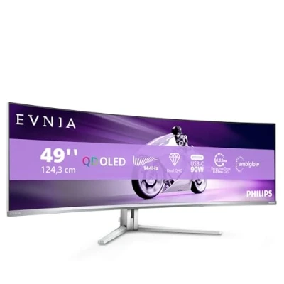 Image de Philips Evnia 49M2C8900LA Moniteur Gaming incurvé DQHD OLED 49 Pouces, 144 Hertz, 0,03 ms GtG, HDR400, Ambiglow (5120x1440, HDMI 2.1, DisplayPort 1.4, USB C, Hub USB) Blanc