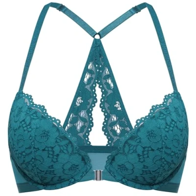 Image de DOBREVA Femme Soutien Gorge Fermeture Devant Push Up Decollete Plongeant avec Armature Dos Nageur Dentelle Boréalis Vert 90C