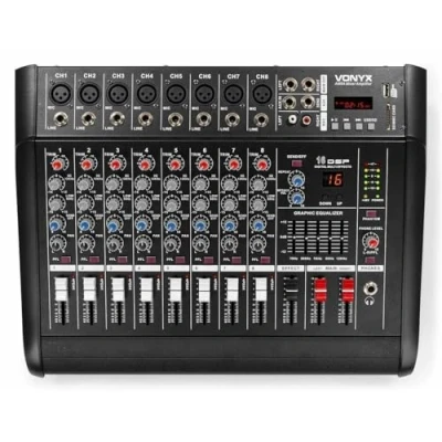 Image de VONYX AM8A Table de Mixage 8 Canaux avec Amplificateur 1000 Watts Intégré, Bluetooth, MP3/USB/SD, 16 Effets Digitaux, Entrée RCA, Sonorisation Professionnelle, DJ, Discothèque