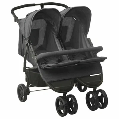 Image de vidaXL Poussette à Deux Places Landau Double Pliable Bébé Enfants Voyage Parc Extérieur Promenade Repose pied Réglable Anthracite Acier