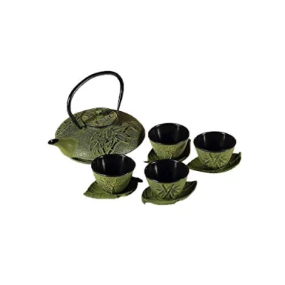 Image de lachineuse Service à Thé en Fonte Bambou 1 Théière, 4 Tasses &amp; Filtre Infuseur Capacité 0,8L Décoration Japonaise Asiatique Idée Cadeau Vaisselle Coloris Vert