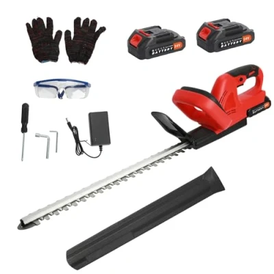 Image de Taille Haies sans Fil 24V, Double Interrupteur et Poignée, 800W, Electrique avec Batterie Chargeur, 51CM Lame Asymétrique, Alimenté par Pile, Fourreau de Rouge