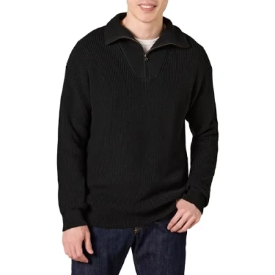Image de Amazon Essentials Pull en Tricot côtelé, Coupe décontractée, col zippé Homme, Noir, M
