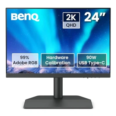 Image de BenQ Moniteur pour Photographe SW242Q 24 Pouces 2K 16:10 Compatible MacBook/Windows, 99% Adobe RGB, 98% P3, Étalonnage Matériel, USB C 90 W, Certification Antireflet TUV, LUT 3D 16 Bits, HDR10