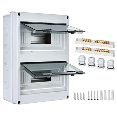 Image de boîte à fusibles en saillie, de distribution IP65 avec 2 rangées 24 modules, bornes laiton, petit distributeur saillie pour pièces humides, jardins, extérieur, villas, charge