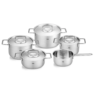 Image de Fissler Collection Pure Jeu De Faitouts/sautoir/casserole En Acier Inoxydable, 5 Pièces Dont 4 Avec Couvercle Métal (3 Faitouts, 1 Sautoir, Casserole À Queue), Compatible Induction