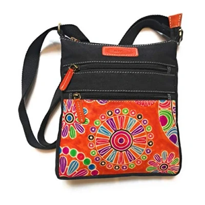 Image de sac en coton ethnique avec imprimés colorés et inserts cuir, à bandoulière cuir pour femmes ethniques indiennes colorées (Noir 01)