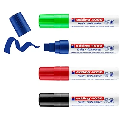 Image de edding 4090 Marqueur craie liquide noir, rouge, bleu, vert clair étui de 4 15 mm feutre effacable pour écrire sur les vitres,le verre ardoise aux couleurs opaques