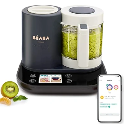 Image de BÉABA Babycook Smart Robot Cuiseur Mixeur Bébé Connecté Balance Intégrée Bol en Verre Panier Inox Large Capacité 2.25L Cuisson Vapeur Douce Ecran Tactile/Application dédiée Anthracite