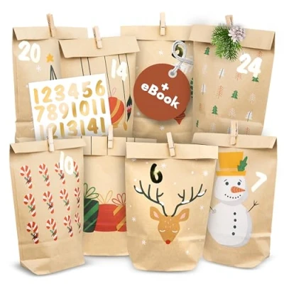 Image de Amari ® Calendrier de l&#039;Avent à remplir Snowman 24 Sacs en Papier (avec des agrafes Bois) réaliser Noël avec Autocollants numérotés