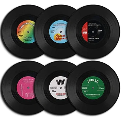 Image de ANCLLO Lot de 6 dessous verre en forme disque vinyle rétro 10,4 cm pour boissons froides et chaudes Antidérapants Protection table éviter glisser