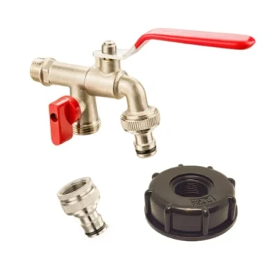 Image de Robinet Double De Jardin 1/2&quot;,Robinet Cuve 1000l Adaptateur RéServoir D&#039;Eau Ibc Recuperateur Eau Pluie,Double en Laiton PP Filetage Gros 60 MM S60x6 Raccord