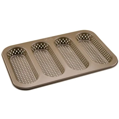 Image de Zenker 7315 moule pain, 4 mini baguettes, pain au lait, à brioche, baguette, baguette four, Acier, Doré, 33,5 x 22 3 cm, Or