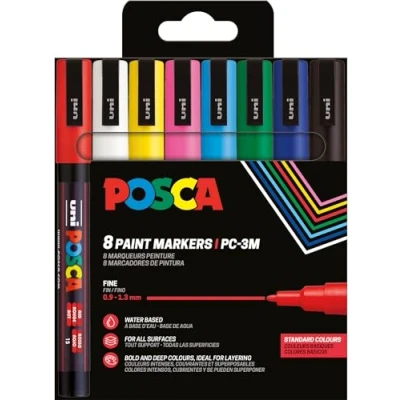 Image de Uni Ball 186558 POSCA Marker Set, 8 stylos acryliques PC 3M, marqueur permanent 0,9 1,3 mm pointe ogive