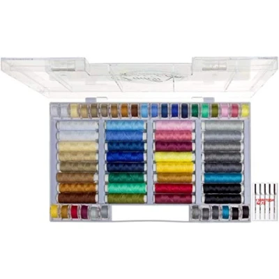 Image de 64 pièces Kit de couture : 32 bobines et fil à coudre pour machine coudre, différentes couleurs, 100 % polyester + 5 aiguilles universelles