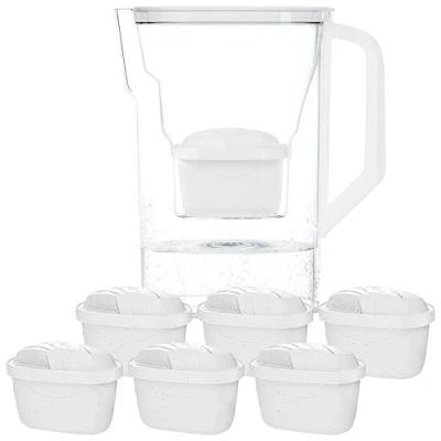 Image de Wessper Carafe Filtrante avec Filtre, pour porte de réfrigérateur 2,7 L, Cartridges Charbon Actif et Résine échangeuse d&#039;ions, Pitcher set 6 Filtres Blanc