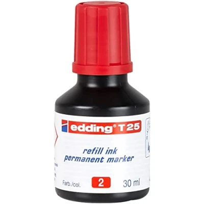 Image de edding T 25 refill ink permanent marker red 30 ml avec système de distribution gouttes, pour recharger rapidement presque tous les marqueurs permanents edding.