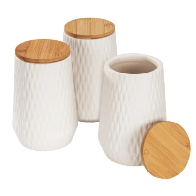 Image de WENKO Boîte de conservation Diamond, kit 3 boîtes en céramique avec couvercle bambou, structure losange élégante pour la dans cuisine, contenance 0,6 litres chacune, blanc/brun