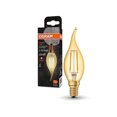 Image de OSRAM Vintage 1906® Classic Ba Fil LED lampe, E14, Candt avec pointe incurvée, or, 2,5 W, 220lm, 2400k, couleur de confort blanc chaud, consommation très faible d&#039;énergie, durée vie longue
