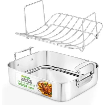 Image de NutriChef Plat à Rôtir en Acier Inoxydable de 36 cm avec Grille Fil Poli a Rotir Poignées Intégrées Ustensile Cuisson Robuste pour Dinde, Poulet, Viandes, et Plus