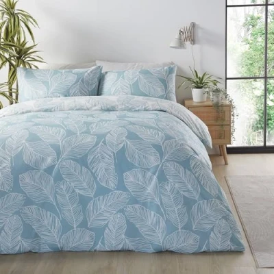 Image de Fusion Housse de couette bleu canard feuille Lit simple (140 x 200 cm) Design réversible (couleurs et blanc) d&#039;œuf Literie imprimée feuilles