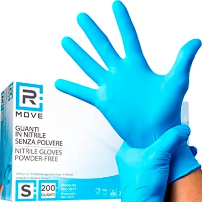 Image de R MOVE 200 gants Nitrile Bleu sans d&#039;examen jetables poussière, latex, hypoallergéniques, pour esthéticiennes, tatoueurs, domaines médicaux, manipulation des aliments (S)