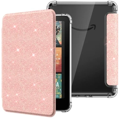 Image de MoKo Coque pour 7&quot;Kindle Paperwhite 12 Gén Modèle 2024 et Kindle Colorsoft Signature Edition,Étui de Protection Ultra Clair en TPU Souple Transparent avec Auto Réveil/Sommeil,Rose Scintillant