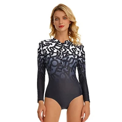 Image de Beachkini Maillot de Bain Surf Zippé pour Femmes Une Pièce Décontracté à Manches Longues,Dégradé Lettres,S