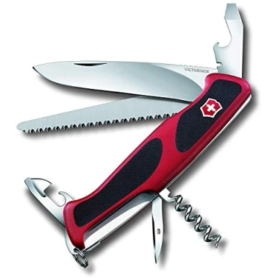 Image de Victorinox Ranger Grip 55 Couteau de Poche Suisse, Multitool, 12 Fonctions, Lame Fixe, Tire Bouchon, Rouge/Noir