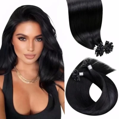 Image de LaaVoo Extensions Vrais Cheveux Kératine Noir 22 Pouce/55cm U Tip Extension Humains Fusion Keratine Vrai Humain A Chaud #1 50Mèches/50G