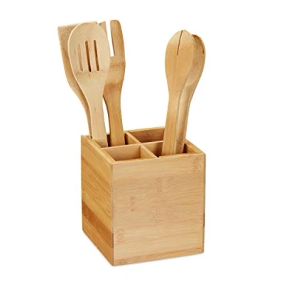 Image de Relaxdays Range couverts, 4 compartiments, Rangement d’ustensiles de cuisine, ustensiles, 14,5 x 13,5 cm, nature